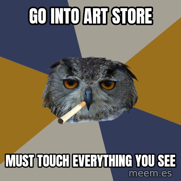 Art Student Owl meme: go into art store / must touch everything you see