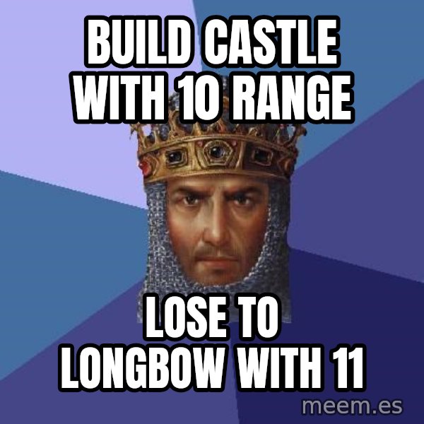 Age Of Empires meme: build castle with 10 range / lose to longbow with 11