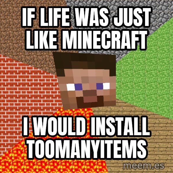 Minecraft Guy meme: IF LIFE WAS JUST LIKE MINECRAFT / I WOULD INSTALL TOOMANYITEMS