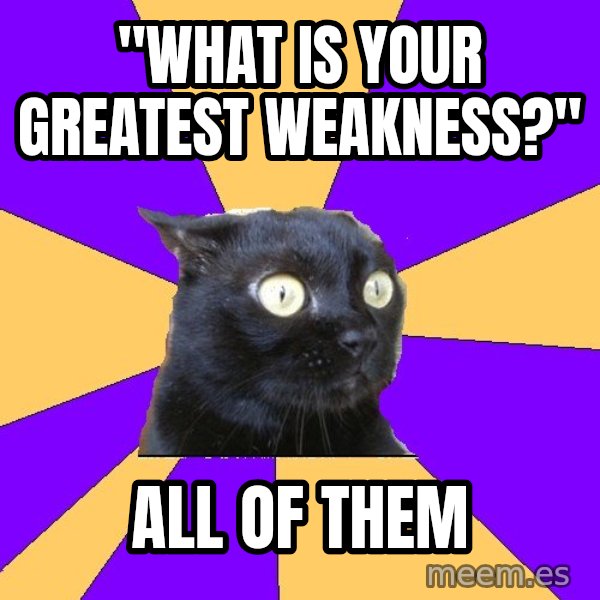 Anxiety Cat meme: "what is your greatest weakness?" / all of them
