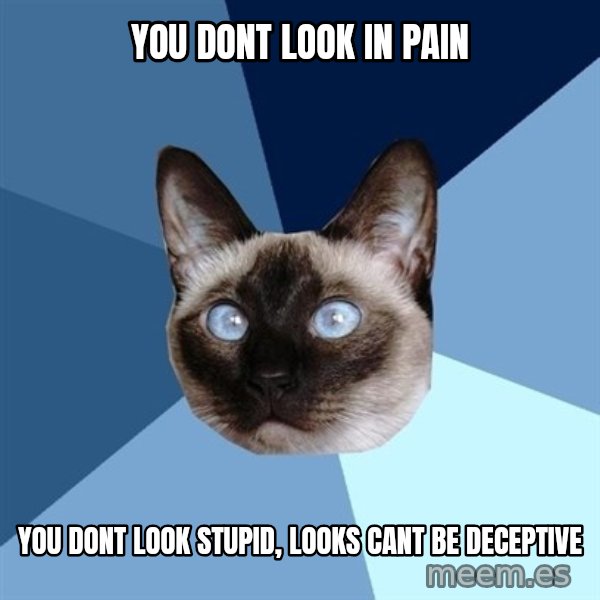 Chronic Illness Cat meme: You dont look in pain / you dont look stupid, looks cant be deceptive