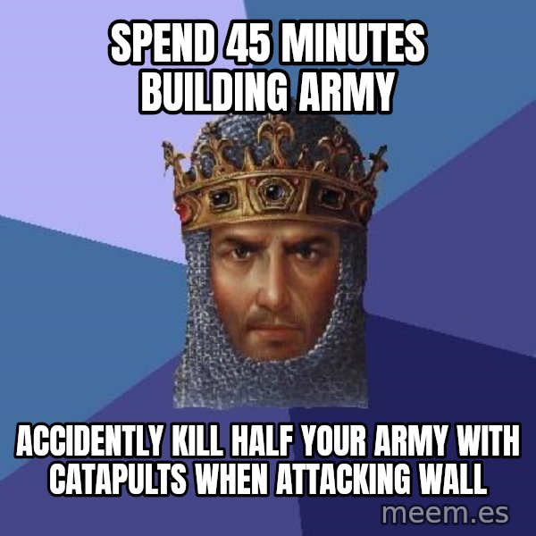 Age Of Empires meme: spend 45 minutes building army / accidently kill half your army with catapults when attacking wall