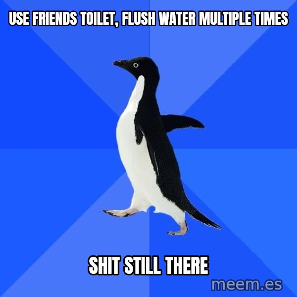 Socially Awkward Penguin meme: Use friends toilet, flush water multiple times / shit still there