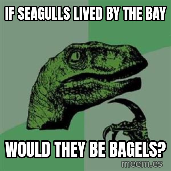 Philosoraptor meme: If seagulls lived by the bay / wOULD THEY BE bagels?