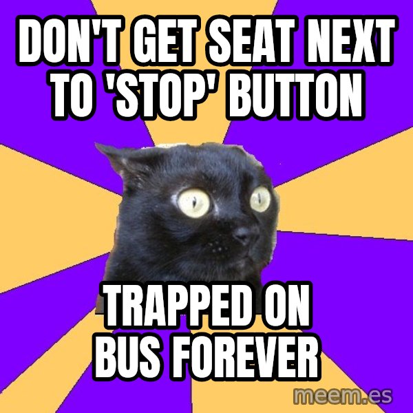 Anxiety Cat meme: Don't get seat next to 'stop' button / trapped on bus forever