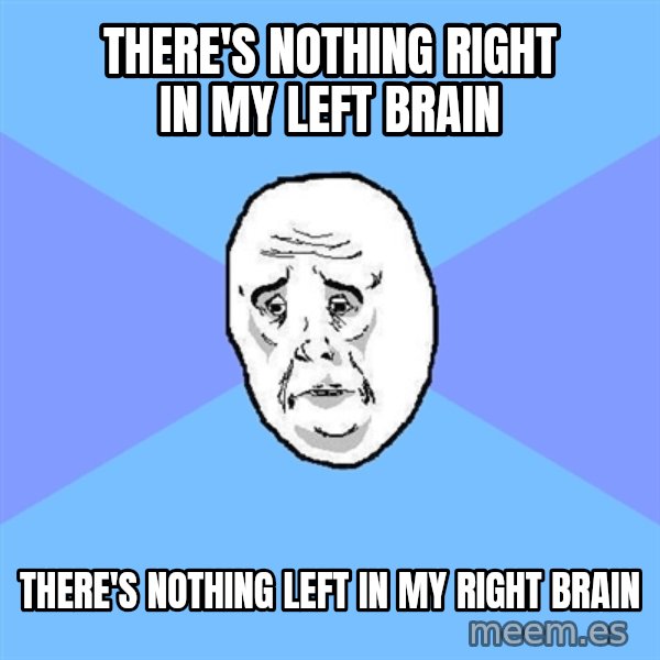 Okay Guy meme: THERE's Nothing right in my left brain / THERE's Nothing LEFT in my RIGHT brain