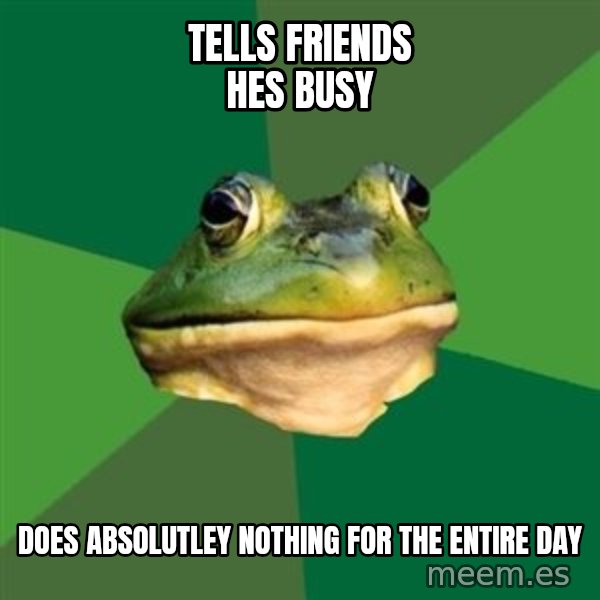 Foul Bachelor Frog meme: tells friends hes busy / does absolutley nothing for the entire day