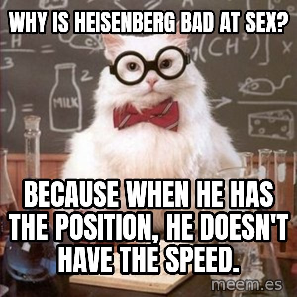 Chemistry Cat meme: why is heisenberg bad at sex? / Because when he has the position, he doesn't have the speed.