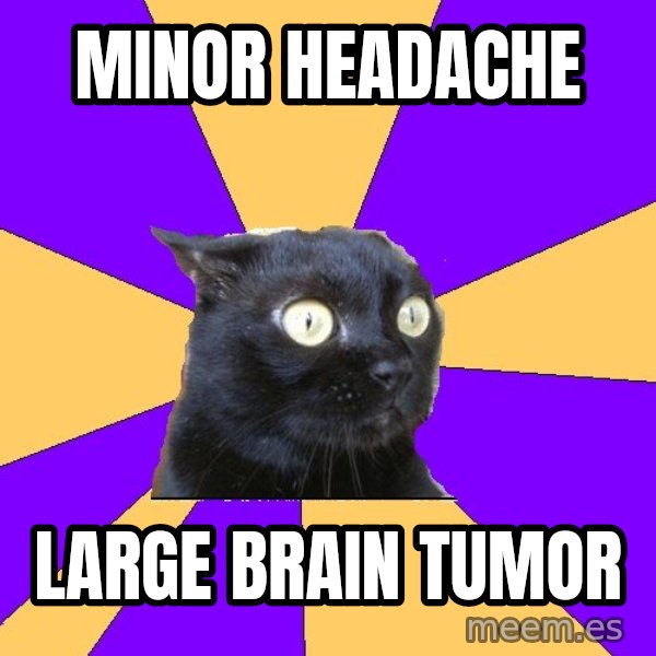 Anxiety Cat meme: minor headache / large brain tumor