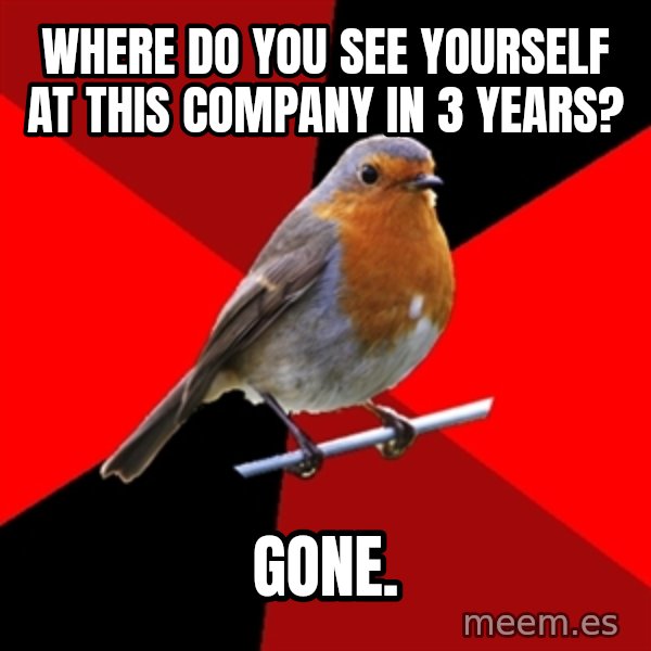 Retail Robin meme: Where do you see yourself at this company in 3 years? / Gone.