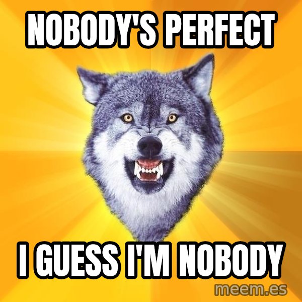 Courage Wolf meme: Nobody's perfect / i guess i'm nobody