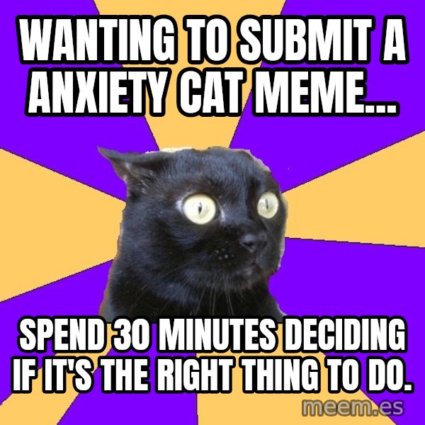 Anxiety Cat meme: Wanting to submit a Anxiety cat meme... / spend 30 minutes deciding if it's the right thing to do.