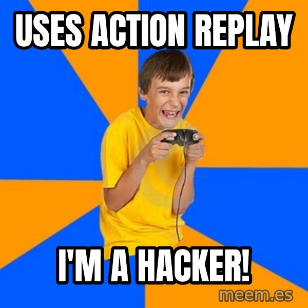 Annoying Gamer Kid meme: uses action replay / i'm a hacker!