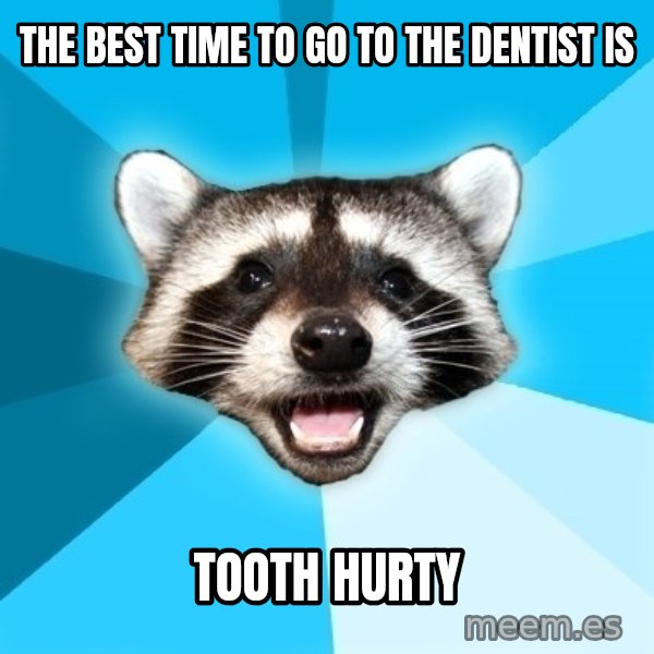 Lame Pun Coon meme: the best time to go to the dentist is / tooth hurty
