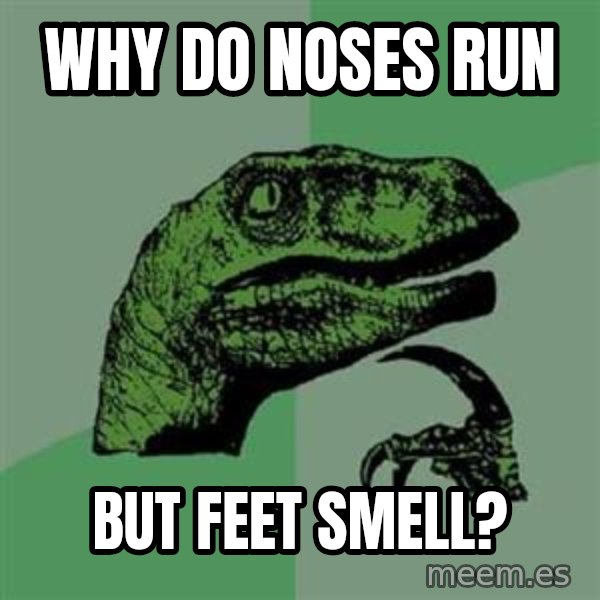 Philosoraptor meme: why do noses run / but feet smell?