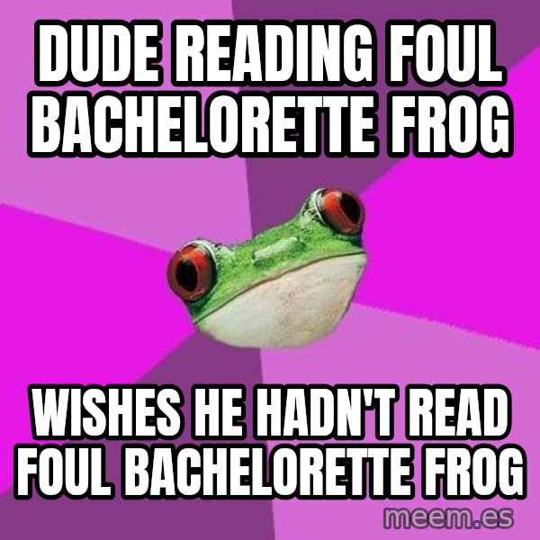 Foul Bachelorette Frog meme: Dude reading Foul Bachelorette Frog / Wishes he hadn't read foul bachelorette frog