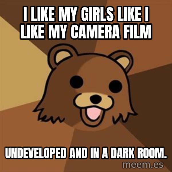 Pedobear meme: I like my girls like i like my camera film / undeveloped and in a dark room.