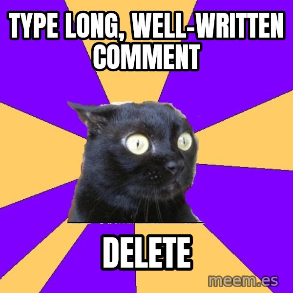 Anxiety Cat meme: type long, well-written comment / delete