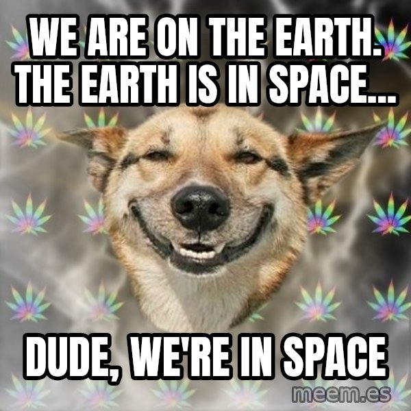 Stoner Dog meme: we are on the earth. the earth is in space... / dude, we're in space