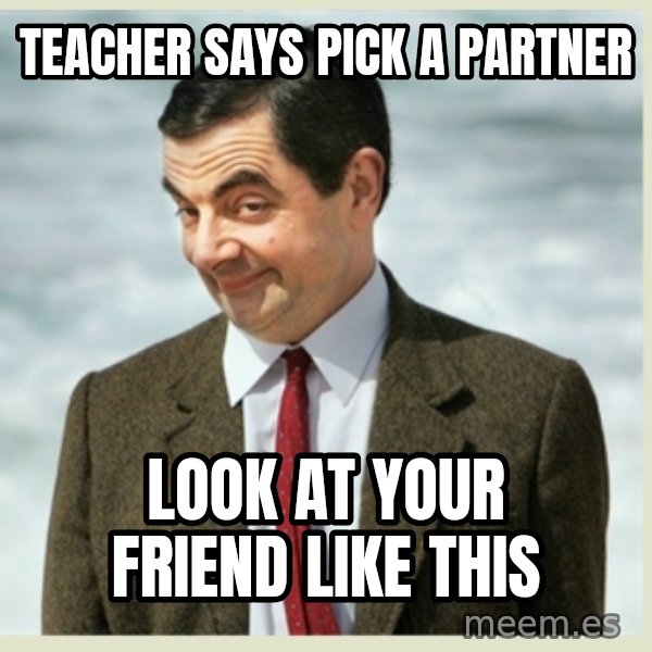 MR bean meme: Teacher says piCk a pArtner / Look at Your friend like this