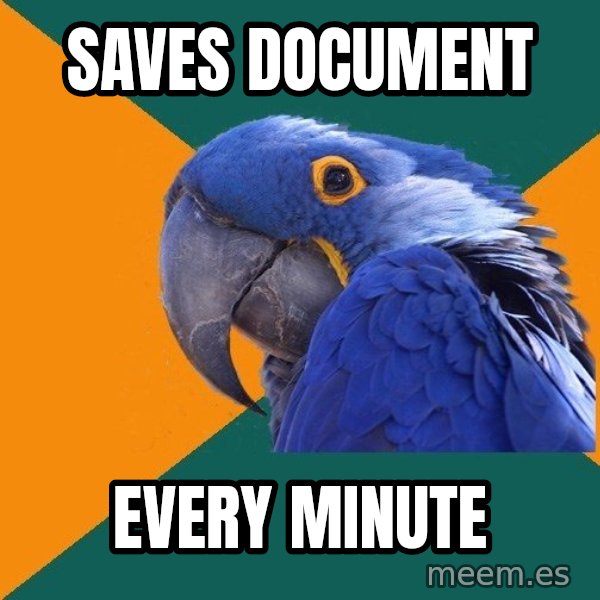 Paranoid Parrot meme: SAVES DOCUMENT / EVERY MINUTE