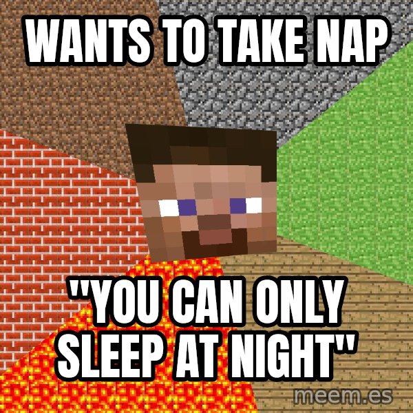 Minecraft Guy meme: wants to take nap / "you can only sleep at night"