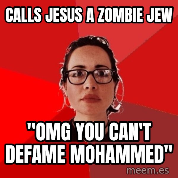 Liberal Douche Garofalo meme: calls jesus a zombie jew / "OMG you can't defame Mohammed"