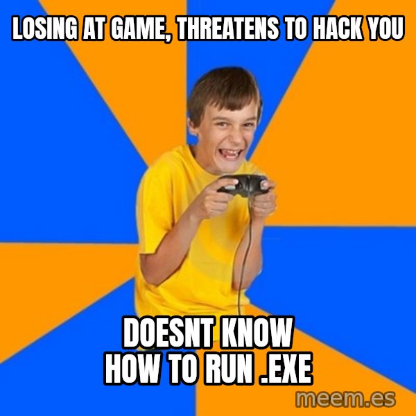 Annoying Gamer Kid meme: Losing at game, threatens to hack you / doesnt know how to run .exe