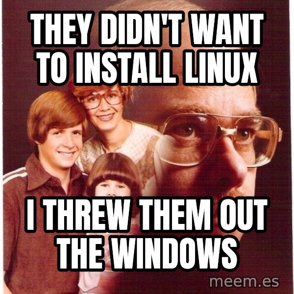 Vengeance Dad meme: they didn't want to install linux / i threw them out the windows