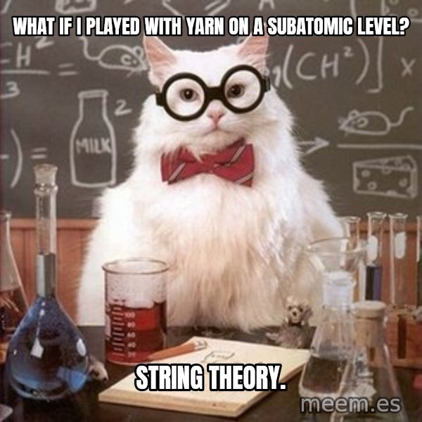 Chemistry Cat meme: what if i played with yarn on a subatomic level? / string theory.