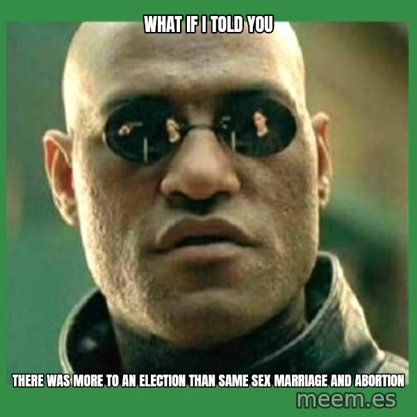 Matrix Morpheus meme: What if i told you / There was more to an election than same sex marriage and abortion