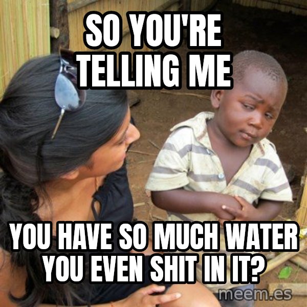 Skeptical 3rd World Kid meme: so you're telling me / you have so much water you even shit in it?