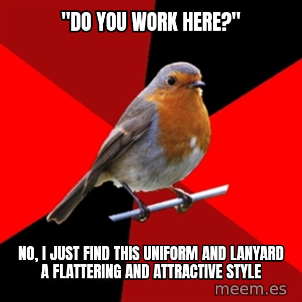 Retail Robin meme: "do you work here?" / no, I just find this uniform and lanyard a flattering and attractive style
