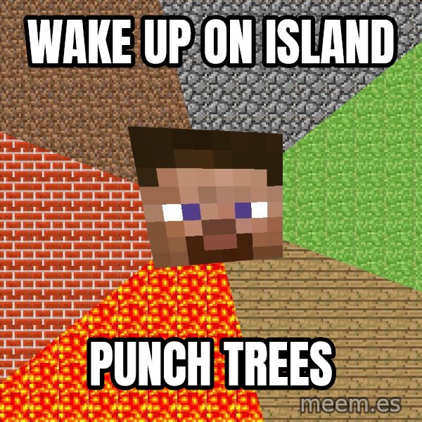 Minecraft Guy meme: wake up on island / PUNCH Trees