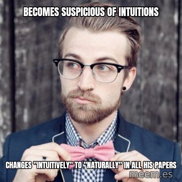 Scumbag Analytic Philosopher meme: becomes suspicious of intuitions / Changes "intuitively" to "naturally" in all his papers