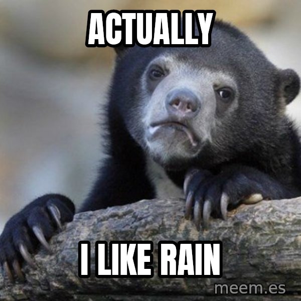 Confession Bear meme: ACTUALLY / I LIKE RAIN