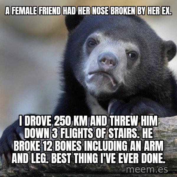 Confession Bear meme: A female friend had her nose broken by her ex. / I drove 250 Km and threw him down 3 flights of stairs.  he broke 12 bones including an arm and leg.  Best thing i've ever done.
