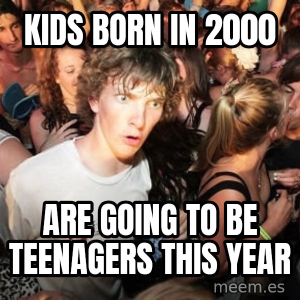 Sudden Realization Ralph meme: kids born in 2000 / are going to be teenagers this year
