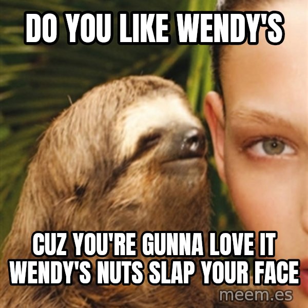 The Rape Sloth meme: Do you like wEndy's / CuZ you're gunna love it wEndy's nuts slaP your Face