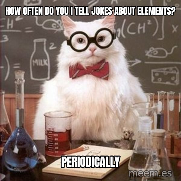 Chemistry Cat meme: how often do you i tell jokes about elements? / periodically
