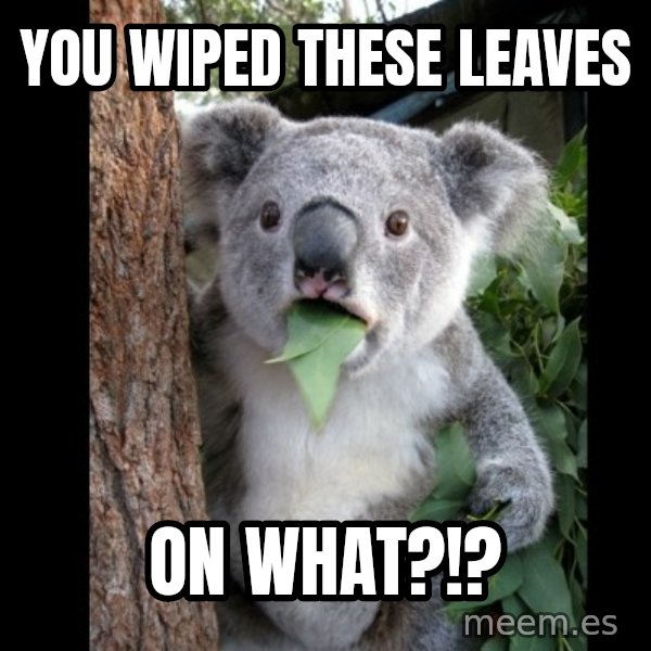 Koala can't believe it meme: You wiped these leaves / on what?!?