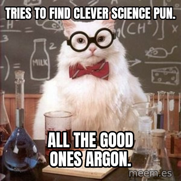 Chemistry Cat meme: tries to find clever science pun. / all the good ones argon.