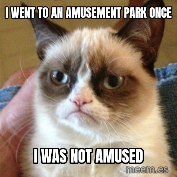 Grumpy Cat  meme: I WENT TO AN AMUSEMENT PARK ONCE / I WAS NOT AMUSED