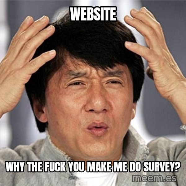 Jackie Chan meme: website / why the fuck you make me do survey?