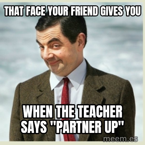 MR bean meme: that face your friend gives you / when the teacher says "partner up"