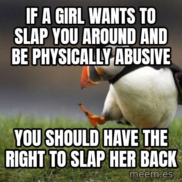 Unpopular Opinion Puffin meme: if a girl wants to slap you around and be physically abusive / you should have the right to slap her back