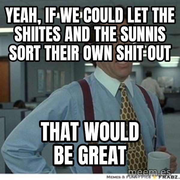 Office Space That Would Be Great meme: yeah, if we could let the shiites and the sunnis sort their own shit out / that would be great