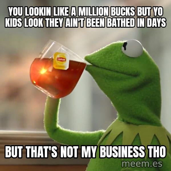 Kermit The Frog Drinking Tea meme: You lookin like a million bucks but yo kids look they ain't been bathed in days / But that's not my business tho