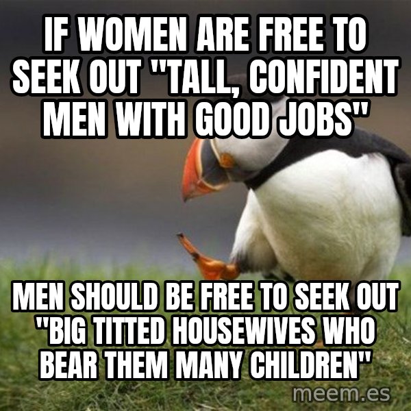 Unpopular Opinion Puffin meme: IF WOMEN ARE FREE TO SEEK OUT "TALL, CONFIDENT MEN WITH GOOD JOBS" / MEN SHOULD BE FREE TO SEEK OUT "BIG TITTED HOUSEWIVES WHO BEAR THEM MANY CHILDREN"