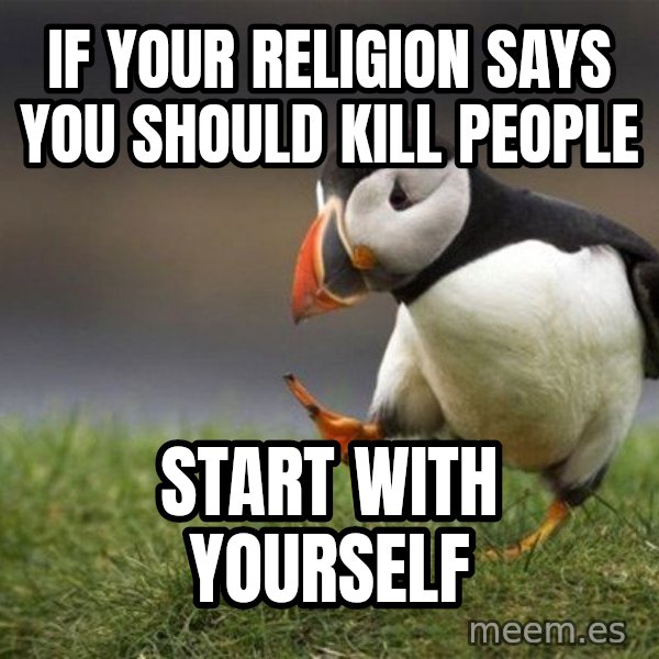 Unpopular Opinion Puffin meme: If your religion says you should kill people / Start with yourself